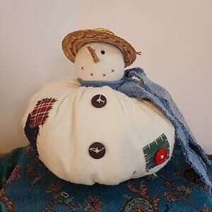 1996 Tender Heart Treasures Vtg Snowman Rustic Denim Cotton Buttons Squishy